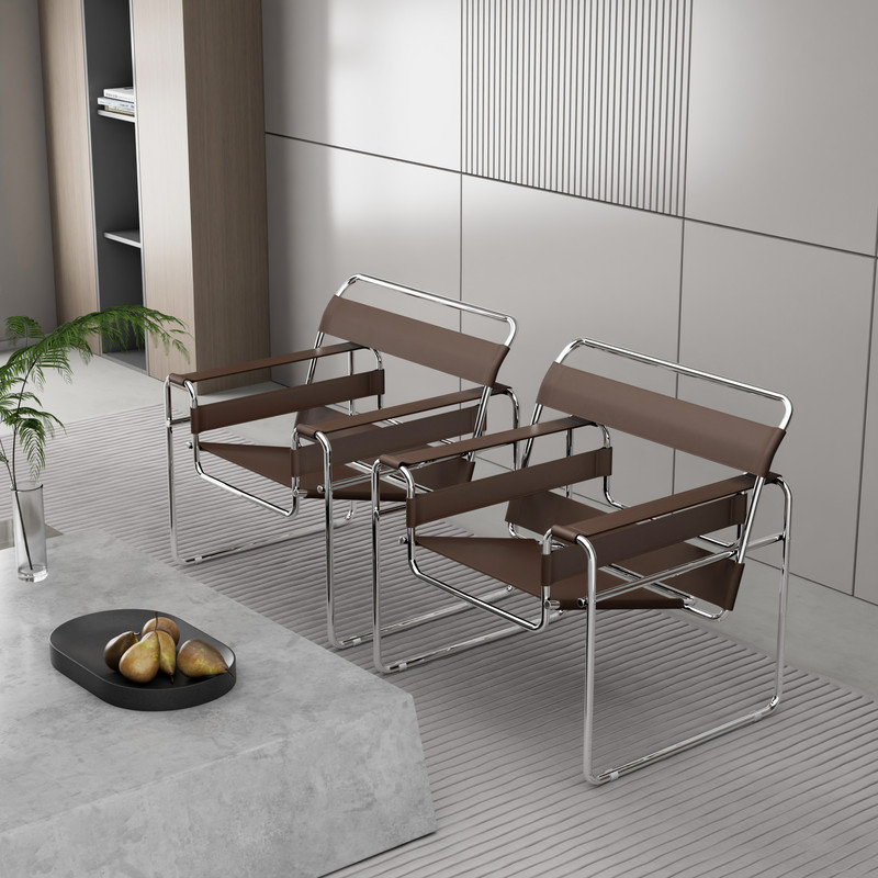 Fauteuil d'appoint en cuir et acier inoxydable, Similicuir brun