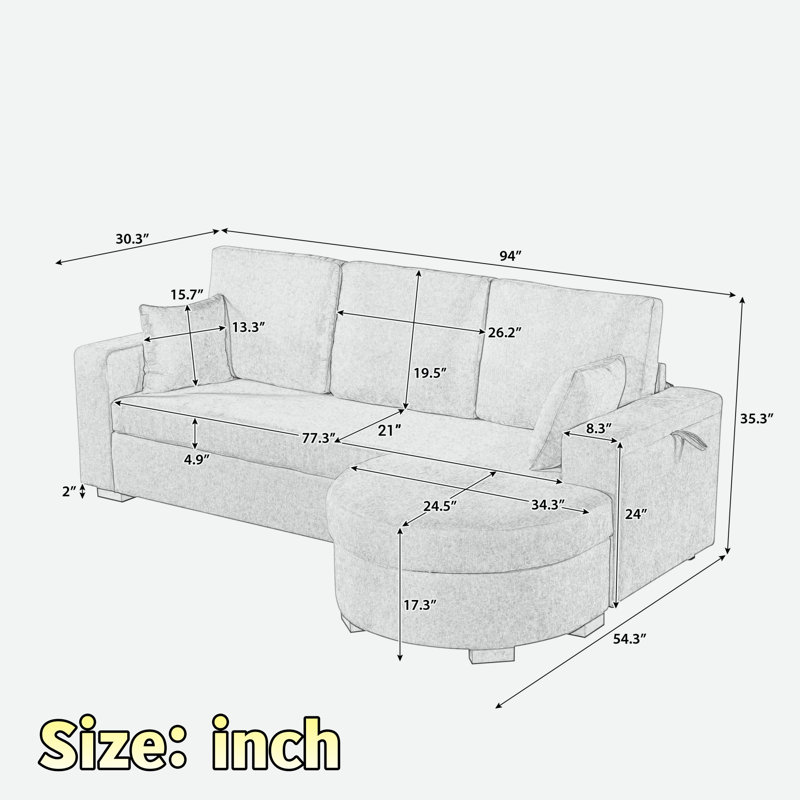 Canapé d'angle avec pouf de rangement, rangement dissimulé, ports de chargement USB et porte-gobelets, Coffee Chenille