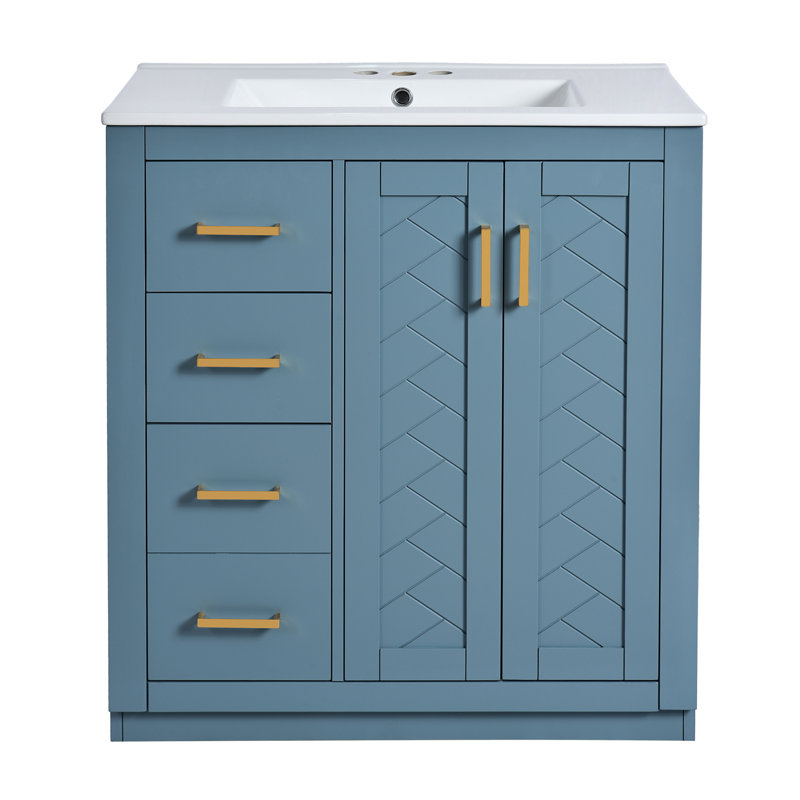Meuble-lavabo simple 30 po avec comptoir en céramique, Bleu, Doré