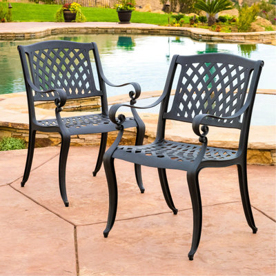 2 chaises de salle à manger en fonte d'aluminium - noir, siège en filet et, pour terrasse de patio (de 2) de couleur noire, structure, patio, terrasse,