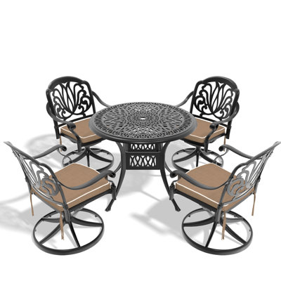 5-Piece All-Weather Cast Aluminum Dining Set, Include 4 Swivel Chairs And 35.43" Round Table With Black Frame