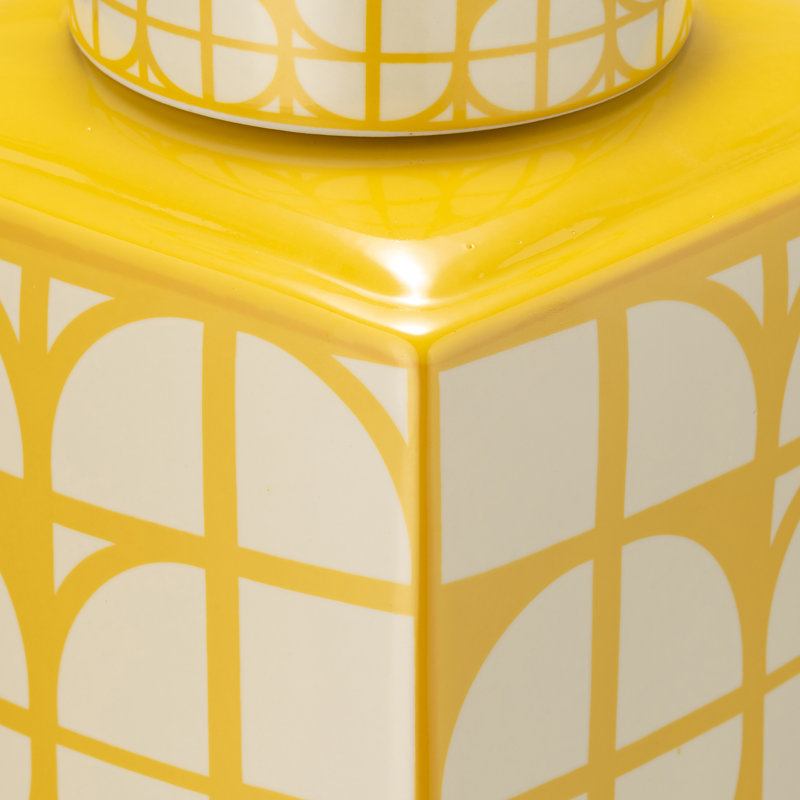 Pot de table géométrique en céramique avec couvercle pour la décoration intérieure, H 16 po x l 9 po x P 9 po, Jaune / Blanc