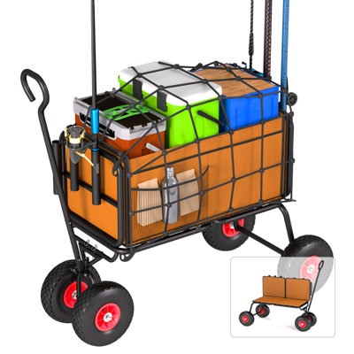 Chariot de pêche 3 en 1, chariot de plage pliant robuste avec côtés amovibles, convertible en chaise et banc rembourrés, pneus gonflables tout-terrain, porte-cannes, sac de rangement Oxford durable