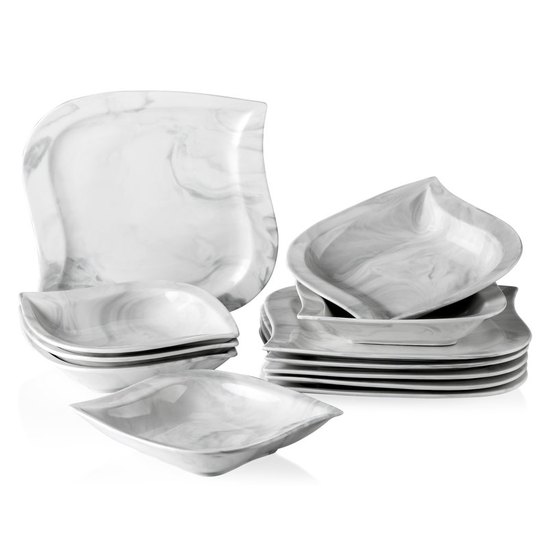 Anifer 12 Piece Porcelain China Dinnerware Set - Service for 6, Marble Grey