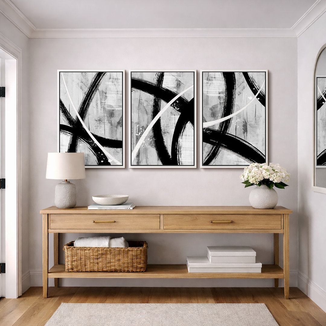 BAW " IDEA4WALL Framed Canvas Print Wall Art Set Black Gray White Geometric Paint Strokes Abstract Shapes Illustrations Modern Art Decorative Contemporary For Living Room, Bedroom, Office " 3 - Pieces IDEA4WALL Frame 