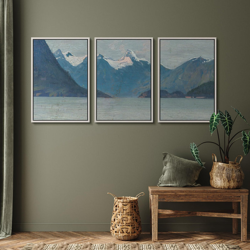 «Mountain Lake Majesty Alpine Landscape Rustic Nature Landscape Illustration Modern Art Decor Rustic», 3 pièces, Blanc