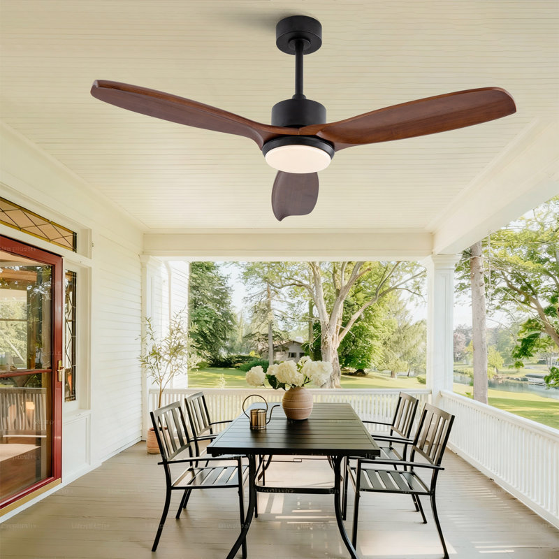 Ventilateur de plafond en bois 52 po avec lumières avec télécommande, ventilateur à 3 pales silencieux pour moteur de patio, salon, chambre à coucher, bureau, intérieur extérieur (noir + noyer foncé)