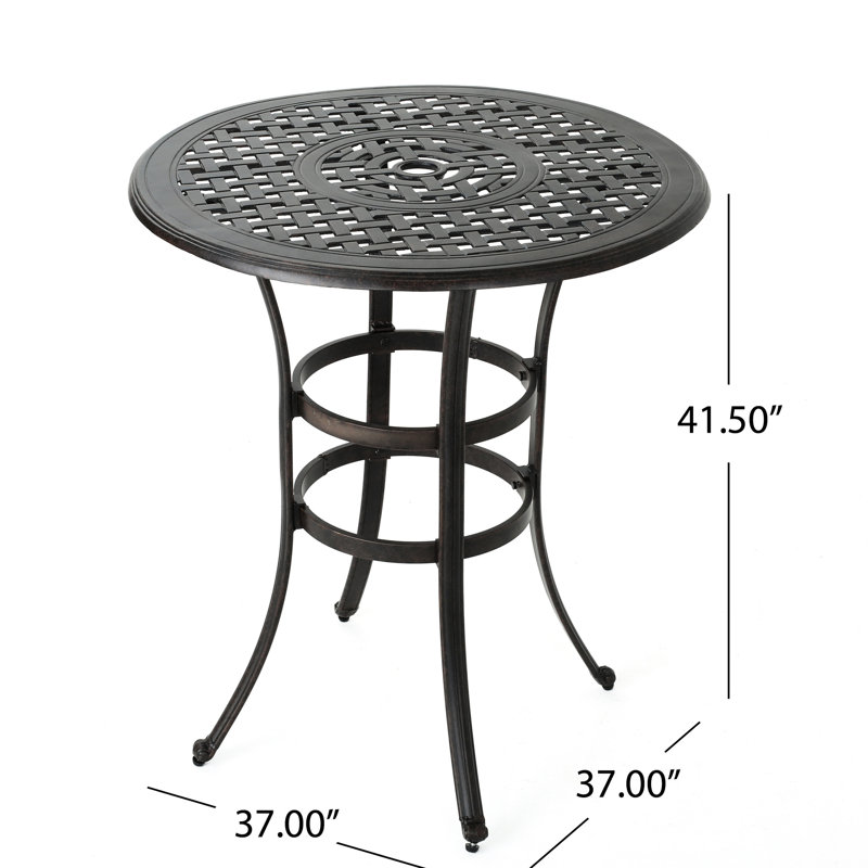 Table de bar traditionnelle en fonte d'aluminium avec plateau de couleur bronze foncé, aspect rouille, porte-parapluie central, 96,5 cm (L) x 96,5 cm (P), structure et insert, 94 cm de large x 105,4 cm de hauteur