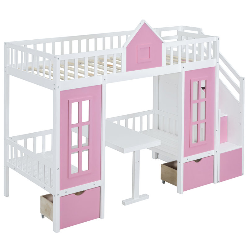 Lit superposé rose Twintwin avec bureau convertible, bureau simple et modulaire - rose, attrayant, Rose