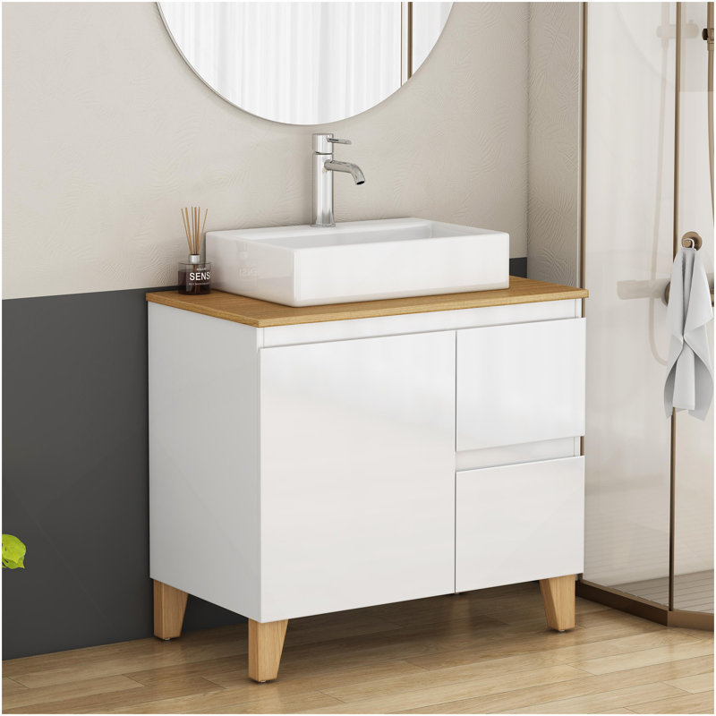 Ensemble de meuble-lavabo moderne de 31,5 po avec lavabo combiné, 1 porte et 2 grands tiroirs, système de fermeture en douceur, conception sans poignée, comptoir et pieds en bois massif naturel, lavabo carré en céramique sur le comptoir, blanc brillant
