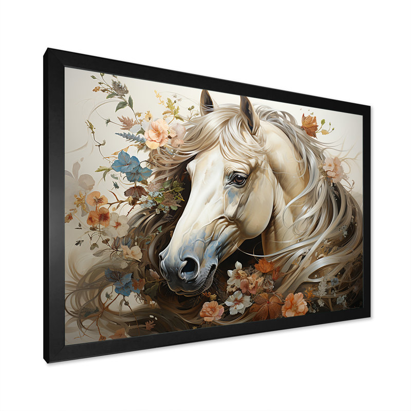 «Blooming Horse symbolism I» - art mural cheval, H 30 po x l 40 po x P 1,5 po, Cadre simple noir