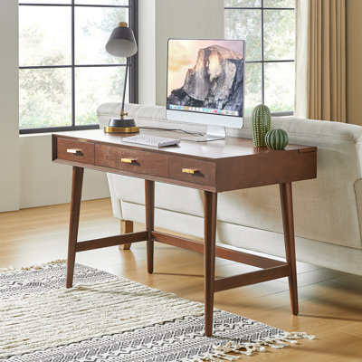 Kerah 48" Mid Century Modern Computer Desk with Solid Wood and Built-in Charging Cable Management Compartmentalized Drawer