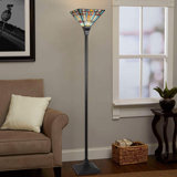 Tiffany Style Torchiere Floor Lamp - Stained Glass Shade, Vintage Bronze Base For Living Room
