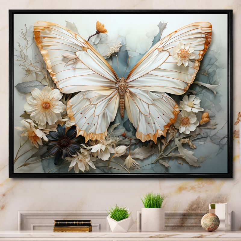 Bisson White Grey Butterfly Intricate Patterns On Canvas Print, Floater Framed Print, 24" H x 32" W, Black