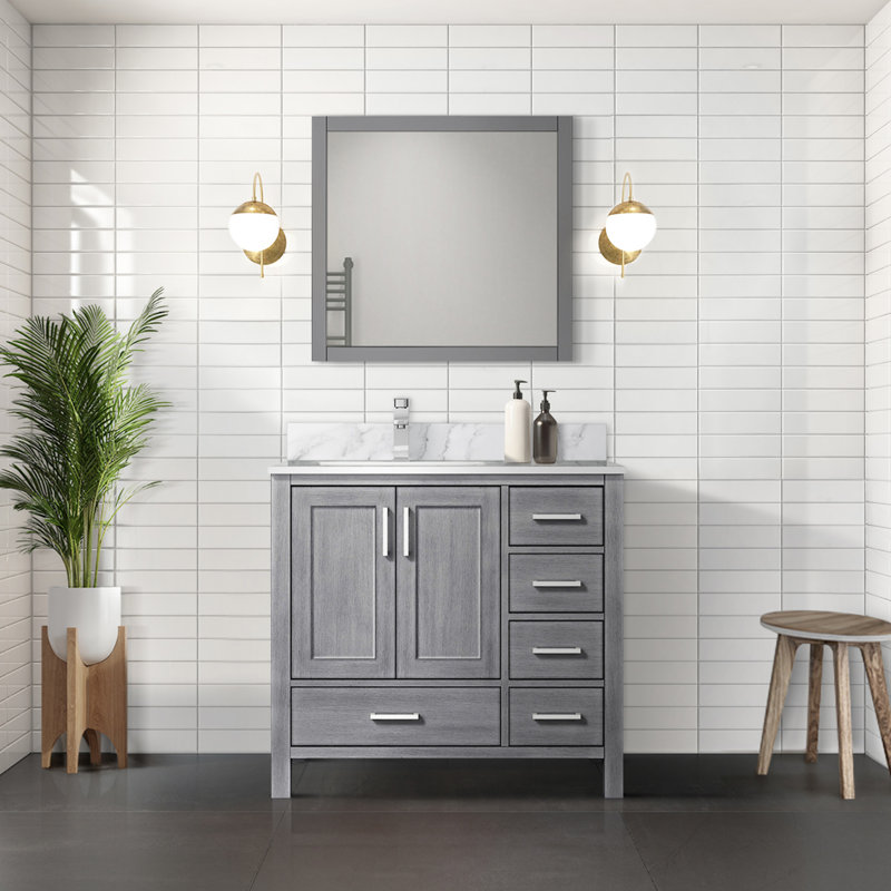 Jacques 36 in. W x 22 in. D Left Offset Bath Vanity, Carrara Marble Top, and 34 in. Mirror, Distressed Grey