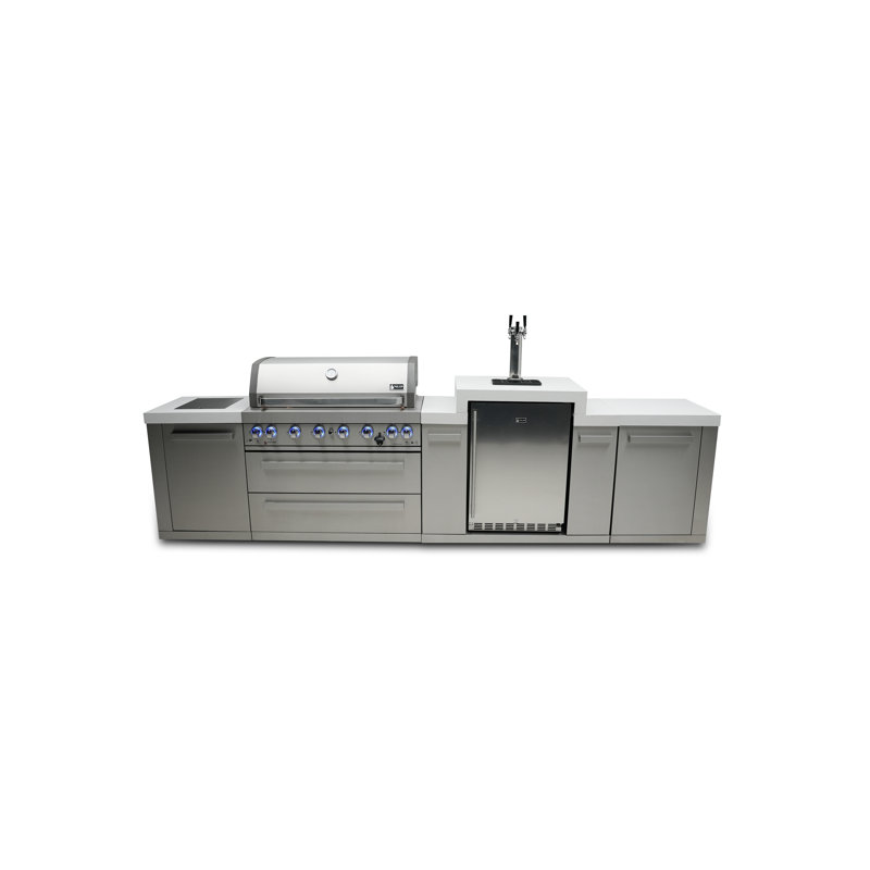 Îlot de cuisine en acier inoxydable en forme de L de 142 po x P 98 po x H 55 po Mont Alpi de qualité supérieure avec robinet et évier combinés + distributeur de bière Kegerator à 3 robinets + barbecue à 6 brûleurs de 44 po + comptoirs en granite + rangement + Convertible au gaz naturel + garantie à vie