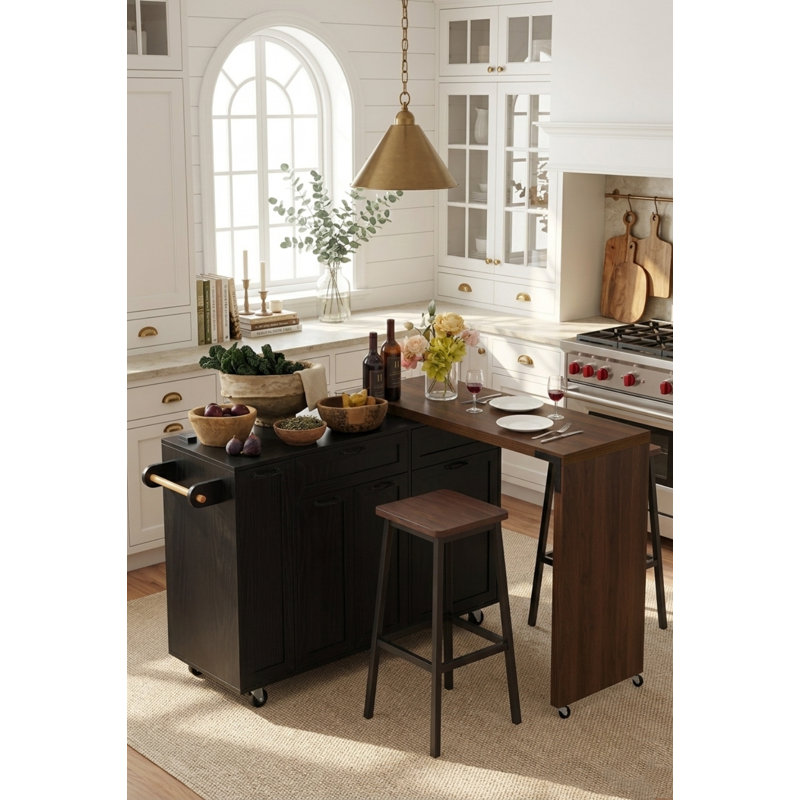 56" To 102" Transformable Kitchen Island With 180°/90° Swivel Table And Built-In Trash Cabinet, Black