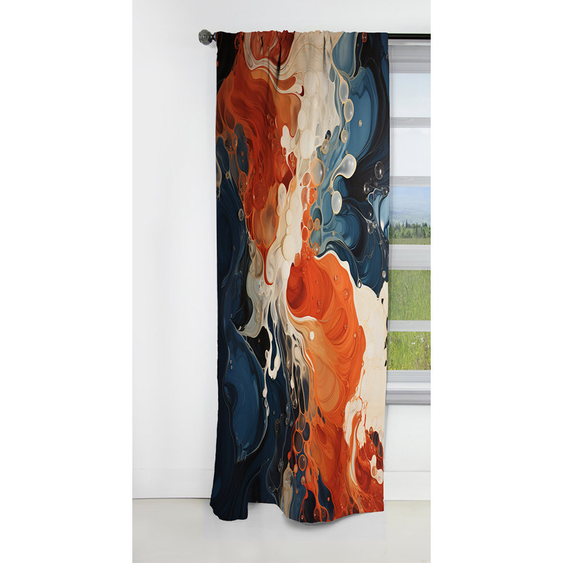 Panneau de rideau abstrait, vagues occultantes bleues orange - décor bleu et orange encre liquide VI, L 52 po x L 95 po