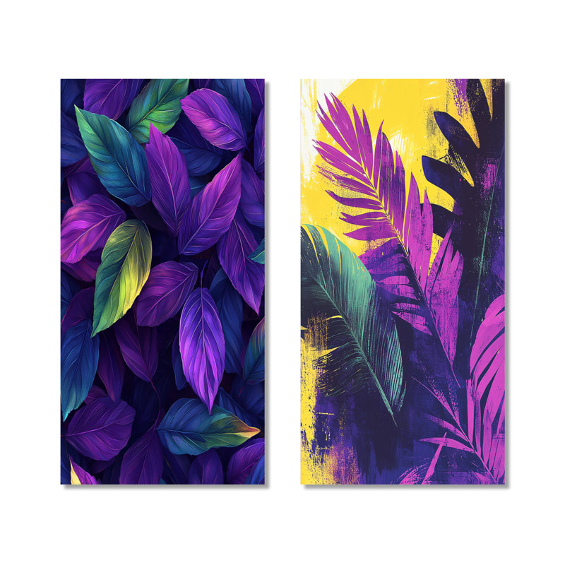 «Vibrant Leaf Explosion of Mauve I», ensemble de 2 impressions murales en métal mauve, H 40 po x l 40 po