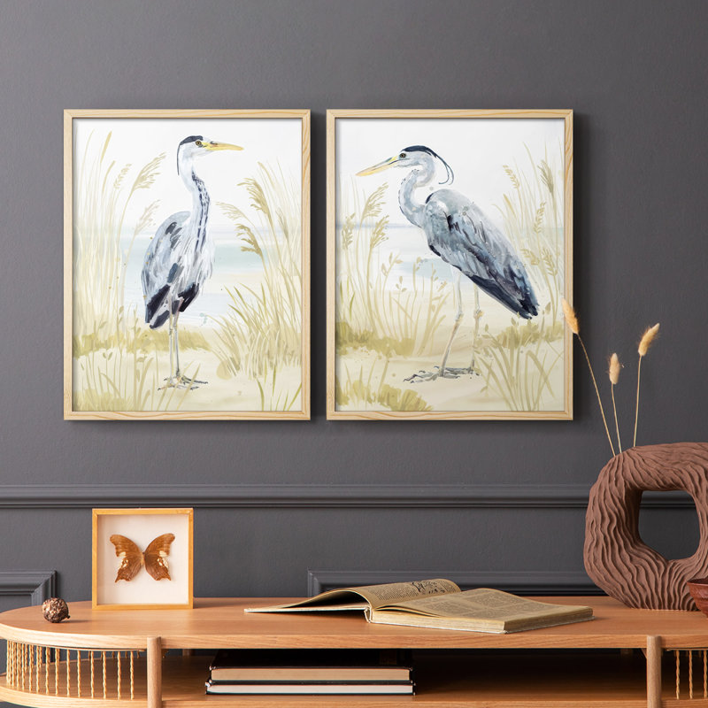 «Heron on the Coast I», reproduction encadrée de qualité supérieure - prête à être accrochée - aucun clou requis - aucun clou requis