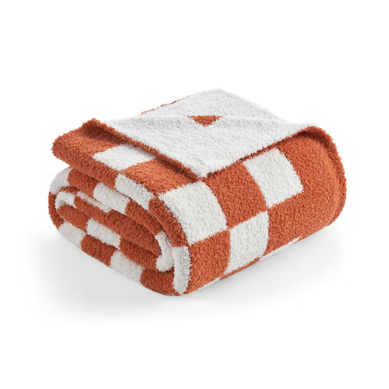 Jeté réversible en tricot à carreaux, Lit simple, Orange