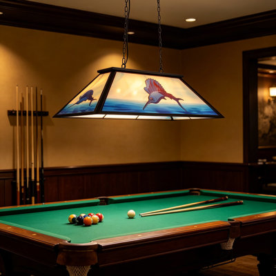 43-Inch 4-Light Tiffany Pool Table Light Fixture, Sailfish Billiard Light with Ocean-Themed Acrylic Shade for 7-8 Ft Tables, Adjustable Chain Farmhouse Chandelier for Game Room, Man Cave, Bar, Dining Room