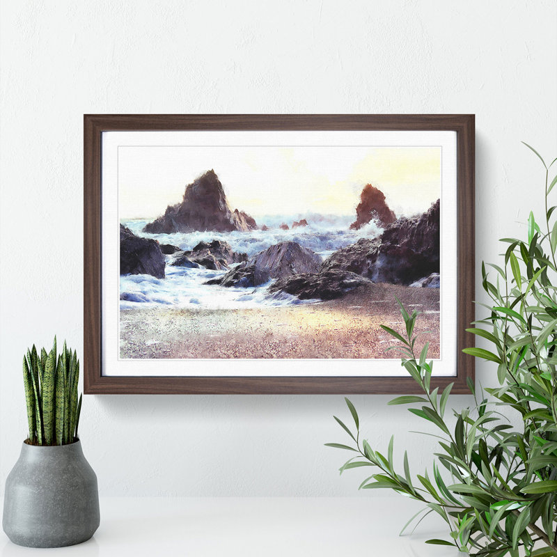 Ocean Crashing Against Rocks - Picture Frame Graphic Art Print, Walnut Framed, 62cm H x 87cm W x 2cm D