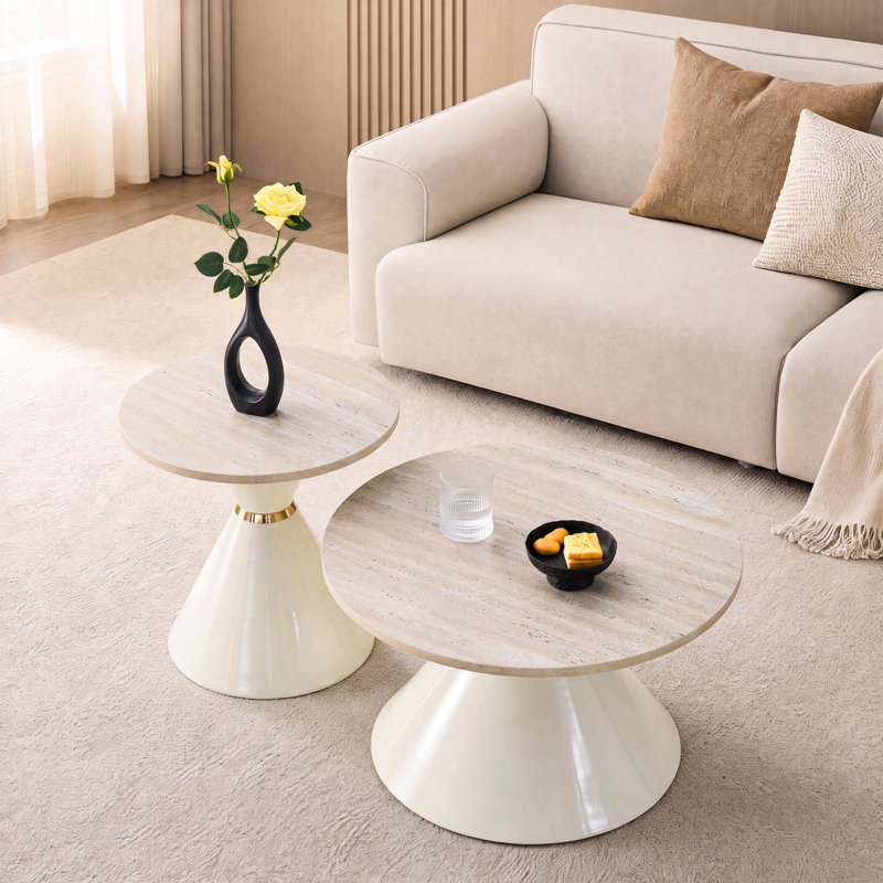 Living Room Table Set, Beige Wood, Cream