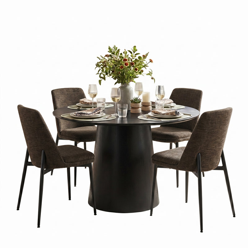 Modern 5-Piece Round Dining Set With Pedestal Base Table And Upholstered Side Chairs, Brown