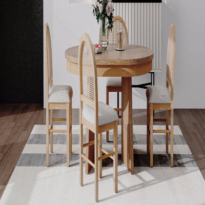 5-Piece Round Dining Table Set For 4 People, Retro Dining Table Set With 4 Upholstered Chairs, Kitchen Table And Chairs Set, Extendable