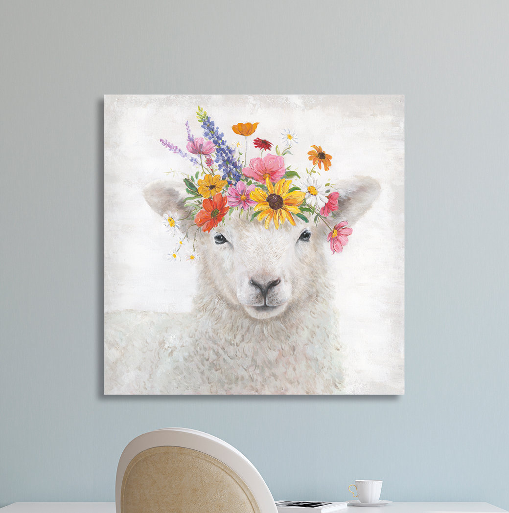 'Sheep with Flowers' - Gemäldedruck auf Leinwand