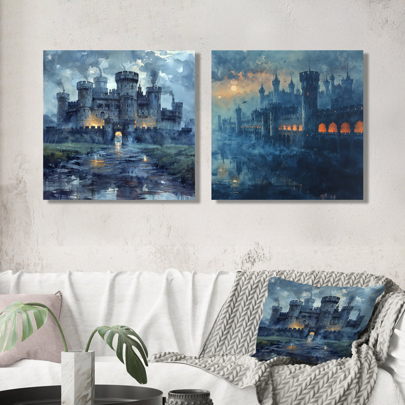«Blue Middle Ages Castle At Night I» - Fortress Wall Decor - Art mural industriel 2 pièces, H 36 po x l 73 po, Toile tendue