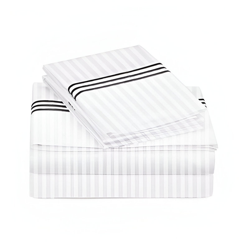 400TC Triple Embroidery Sateen Stripe Cotton 4 Piece Sheet Set Fitted Sheet Fits Upto 16" Deep Pocket, Black Border