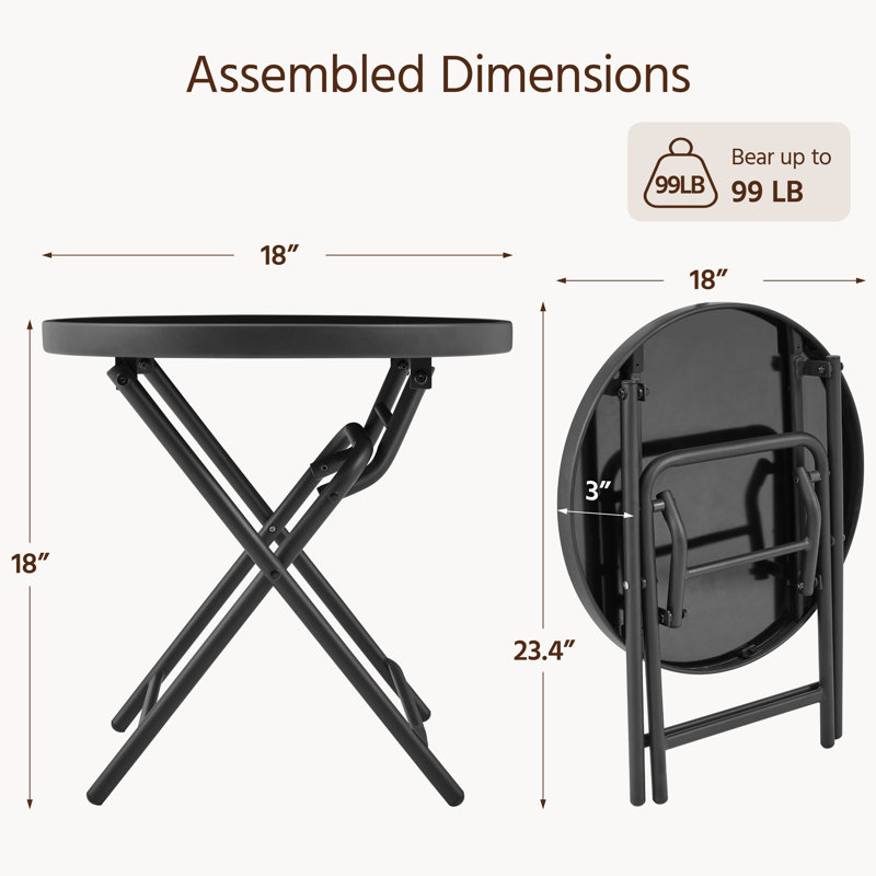 Round Outdoor Folding Side Table with Tempered Glass Top