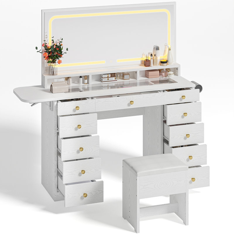 46’’ L Large Modern Style Makeup Vanity Desk With Mirror, LED Lights And Power Outlet, 11-Drawer Vanity Set With Stool, White