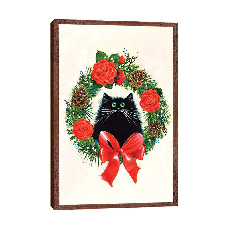 Black Cat In Rose Wreath by Kim Haskins - Print on Canvas, Classic Brown Wood Framed, 66.04 cm H x 45.72 cm W
