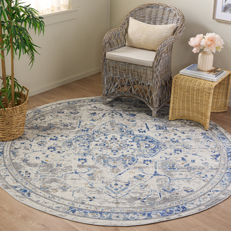 Huckabee Oriental Grey/Blue Area Rug, Round 6'7"