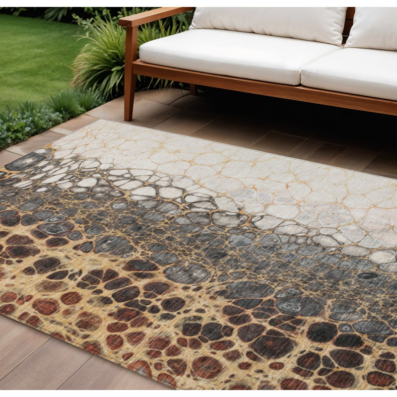 Tapis extérieur lavable abstrait gris et or 8 pi x 10 pi ivoire