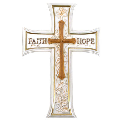 Polyresin Faith Hope Vintage Distressed White Farmhouse Theme Hanging Wall Cross Décor