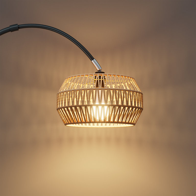 Lampe sur pied Arc Bohemian avec abat-jour en rotin, éclairage intelligent à intensité variable et télécommande