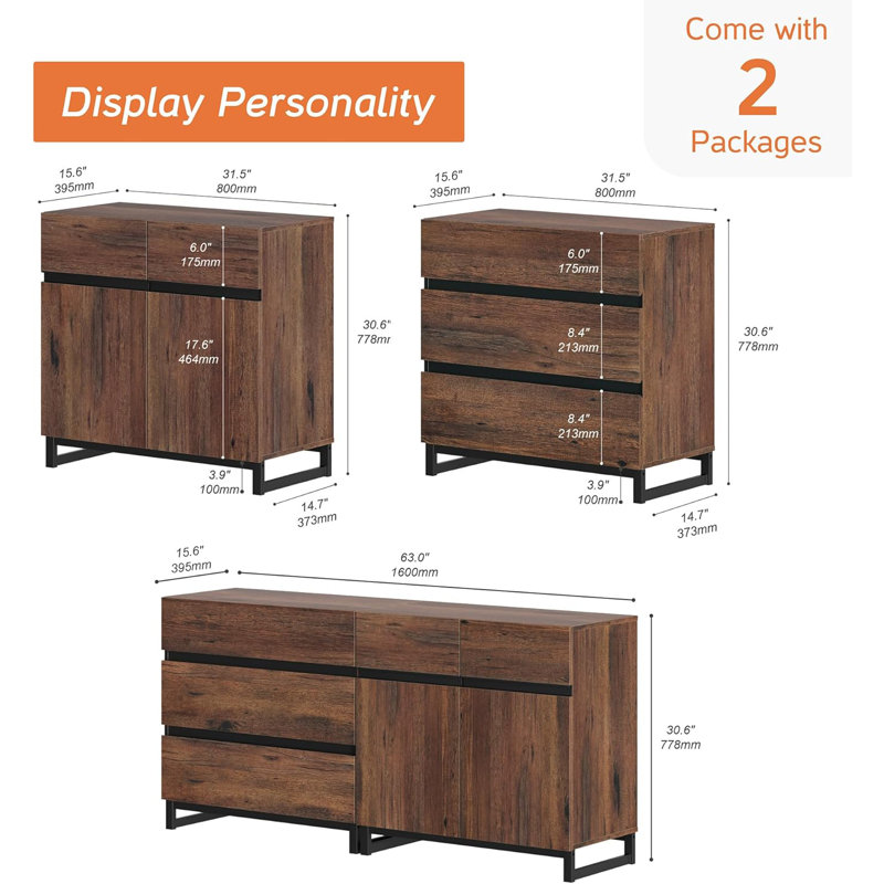 Nellie Modern Storage Cabinet, 2-In-1 Sideboard With Adjustable Shelf And 3 Drawers, Coffee Bar Cabinet For Living Or Dining Room, Brown