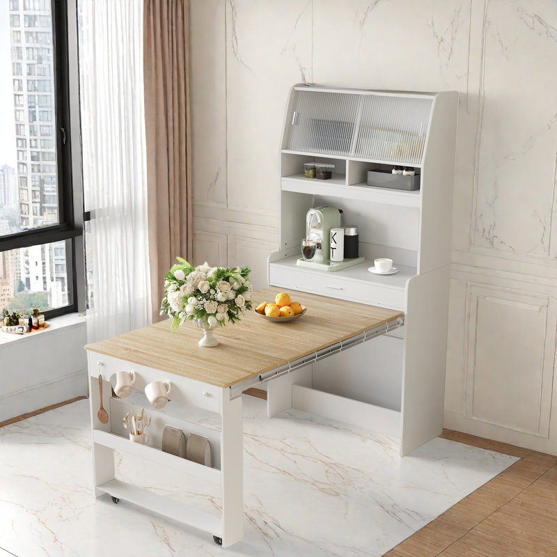 Buffet With Hutch And Foldable Dining Table, Storage Shelves, Side Hooks And A Cabinet With Sliding Doors, Natural/White
