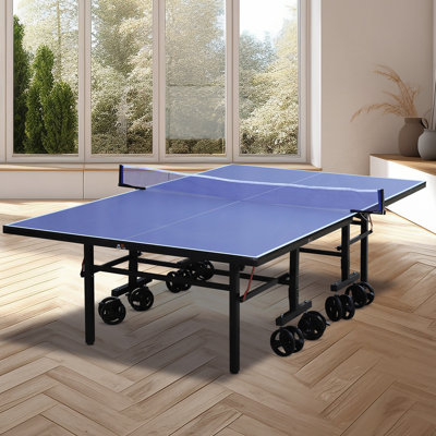 Blue Folding Rolling 9×5 FT Table Tennis Table Indoor And Outdoor Table Tennis Table, 2 Rackets, 3 Balls, 1 Net And 8 Wheels Set Behind It For Easy Movement