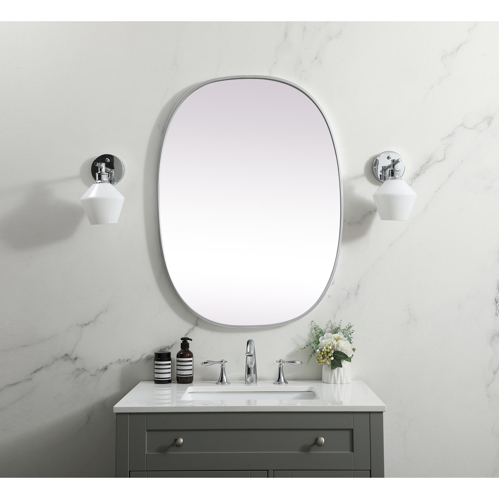 Sabine Metal Curved Oval Wall Mirror, Silver, 36" x 27"