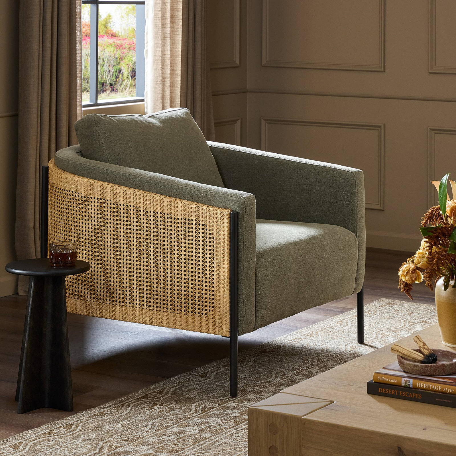 Aurelina Upholstered Armchair, Broadway Olive Linen, Brown