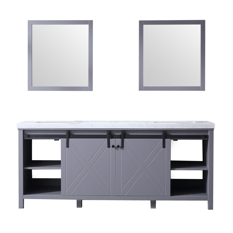 Marsyas 80 in W x 22 in D Double Bath Vanity and 30 in Mirrors, White Carrara Marble, Dark Gray
