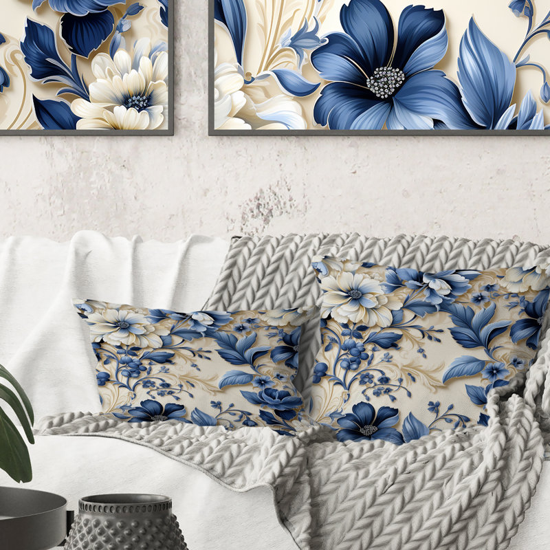 Victorian Blue And White Flowers Damask I - Damask Printed Throw Pillow, 16"H x 16"W