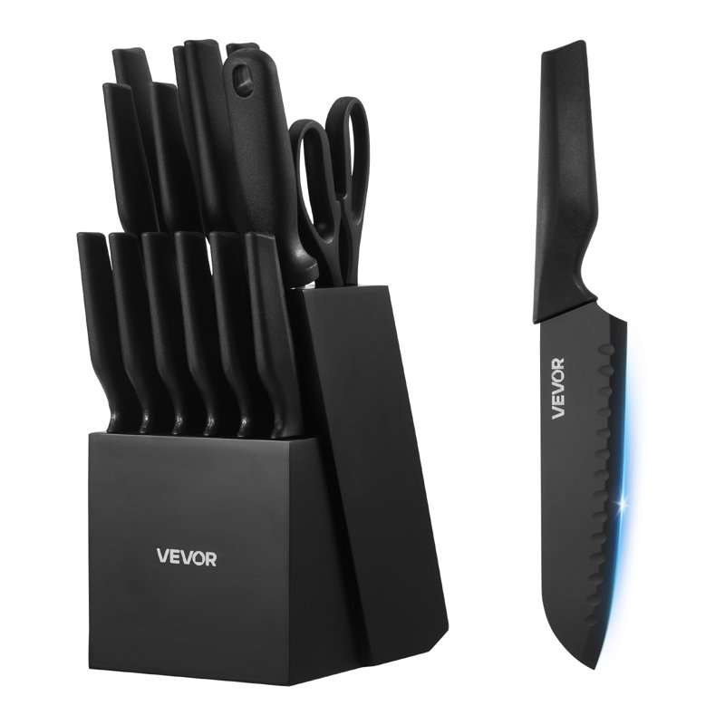 Ensemble de couteaux de cuisine avec bloc et aiguiseur, ensemble de couteaux allemand en acier inoxydable à haute teneur en carbone de 15 pièces, coutellerie de cuisine avec poignée ergonomique en PP, tige d'affûtage et bloc en bois, pour les cuisiniers amateurs