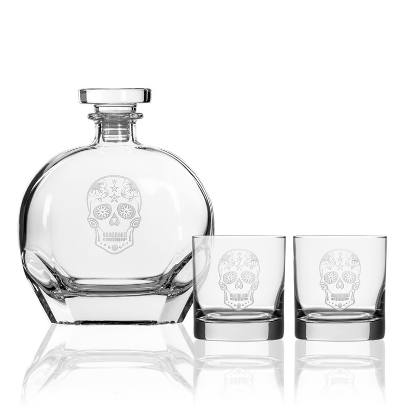 Clear Glass Sugar Skull Whiskey Decanter and Glasses Set