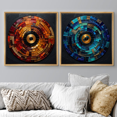 Ensemble de 2 reproductions audacieuses de disques abstraits en vinyle sur fond encadré rouge et bleu sur toile encadrée